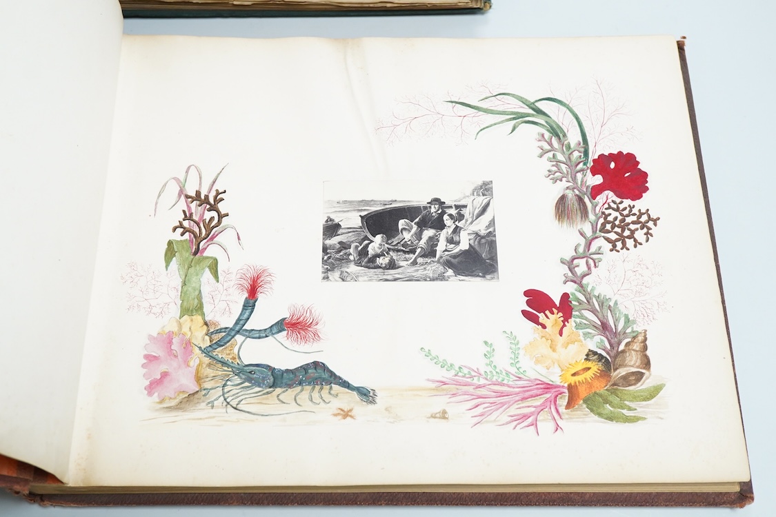 A collection of Victorian and later scrap books containing decoupage, newspaper cuttings and cutout prints